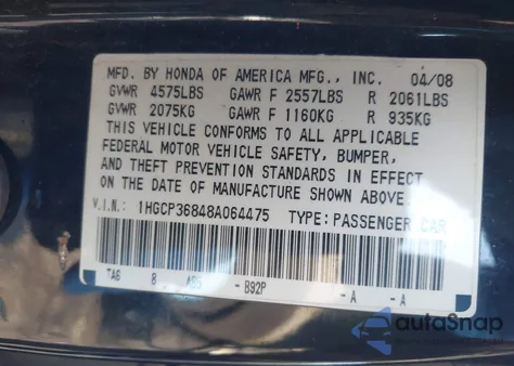 2008 Honda Accord 3.5 Ex-L from USA, damaged, VIN 1HGCP36848A064475